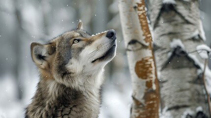 Obraz premium Grey Wolf Canis lupus Between Trees Looks Up and to Right