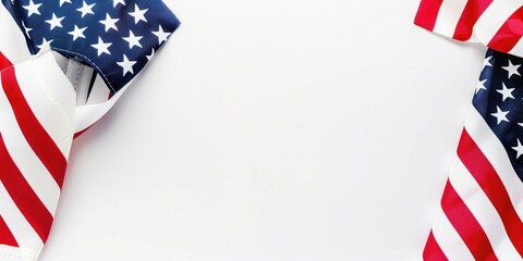 Obraz premium American flags against white background. Flat lay with copy space. Happy Labor Day or 4th july concept.