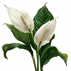 Obraz premium Elegant peace lily plant with white flowers and lush green leaves illustration, perfect for home decoration and bringing natural beauty indoors.