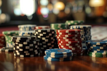 Naklejka premium Stacks of red, white, and blue poker chips are sitting on a table in a casino