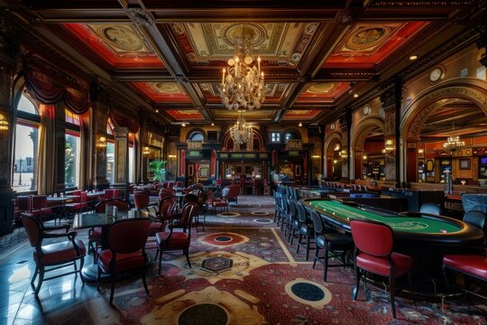 Empty poker tables are awaiting players in a luxurious casino interior with coffered ceilings and ornate decor