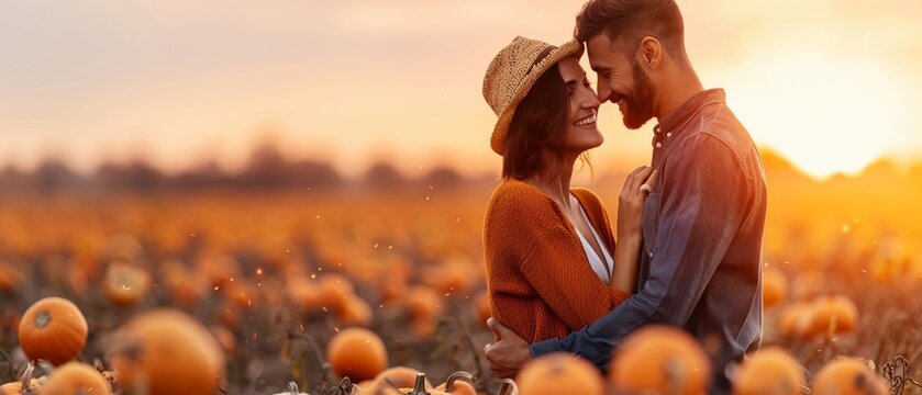 Partners standing in a pumpkin patch, smiling and holding hands, vibrant autumn colors, realistic photo, high detail, harvest togetherness and adoration - Powered by Adobe