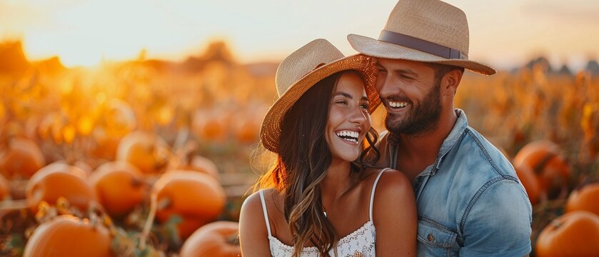 Partners standing in a pumpkin patch, smiling and holding hands, vibrant autumn colors, realistic photo, high detail, harvest togetherness and adoration