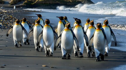 King penguins walking on the beach at St. Andrews