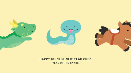 Chinese zodiac animals dragon snake and horse. Three cute zodiac animals for chinese new year of the snake 2025.