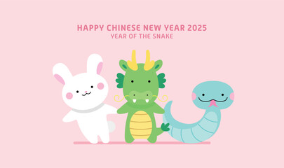 Three cute zodiac animals rabbit dragon and snake set vector illustration. Chinese new year of the snake 2025 greeting card.