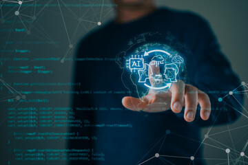 man touch ai auto chat bot. Big data center storage.Digital Artificial Intelligence technology disruption concept. We are implementing storage technology support and service in the business.