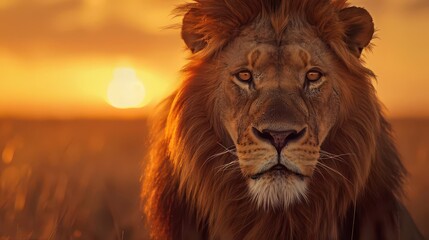 Fototapeta premium Majestic Lion A closeup portrait of a lions face, capturing its regal presence and piercing gaze