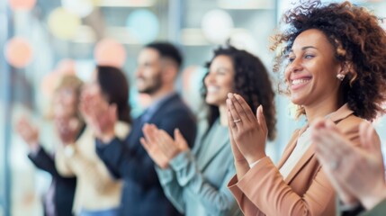 Obraz premium Group of diverse businesspeople applauding in an office setting. Celebration and recognition in a corporate environment.