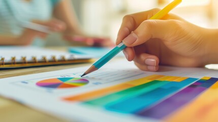 Hand holding pencil analyzing colorful charts and graphs on paper. Concept of data analysis, business, finance, and statistics.