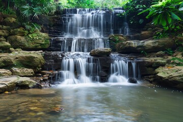 Jungle Waterfall A cascading waterfall in a tropical rainforest, providing a habitat for a variety of animals, including colorful birds and amphibians