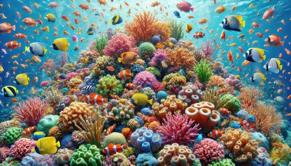 Vibrant Coral Reef with Colorful Fish Underwater Scene.