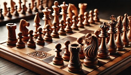 Wooden Chess Pieces on a Carved Chessboard.
