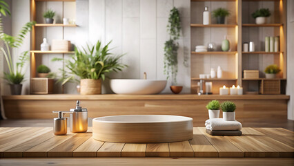 Wooden sink counter with white sink, plants and towels.