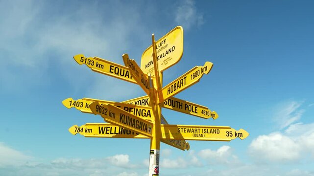 Signpost in Bluff, New Zealand, showing distances to major global locations on a sunny day