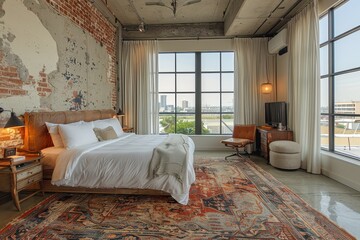 Hotel Room With Industrial Loft: Exposed brick walls, metal fixtures, and open space with large windows. 