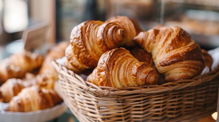 Closeup of delicious freshly baked crispy croissants placed in a basket in a bakery kitchen