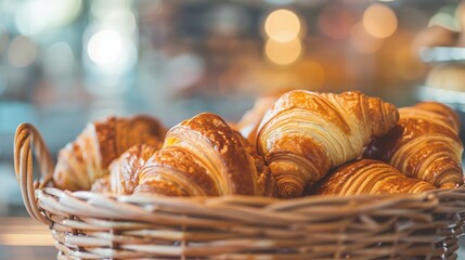Closeup of delicious freshly baked crispy croissants placed in a basket in a bakery kitchen