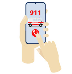 Vector illustration of a hand holding a phone with an ambulance icon and call symbol, isolated on a white background. Flat style design, perfect for medical, emergency, and healthcare concepts