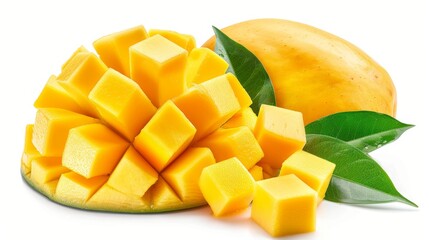 Mango fruits with green leaf isolated on white background. Mango cubes and mango half. Mango. Macro studio photo