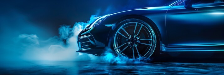Close-up of a high-performance sports car with blue neon lighting and dramatic smoke effects. The dark background accentuates the car's sleek and powerful design.