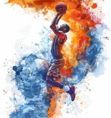 Dynamic Basketball Player Dunking with Watercolor and Ink Splashes in Clipart Style Artwork