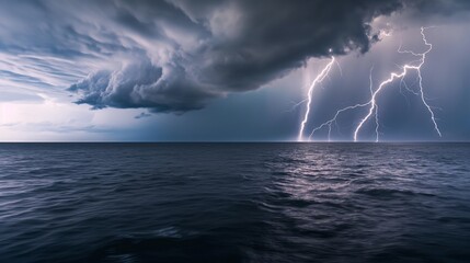 Powerful lightning storm striking over the open ocean. Dramatic clouds and waves emphasize the intensity of the weather.