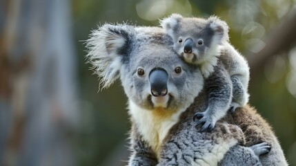 Mother koala with baby on her back