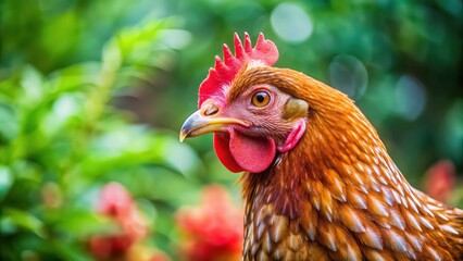 Red-speckled hen foraging in garden, close-up portrait, chicken, hen, red-speckled, foraging, grass, garden, close-up