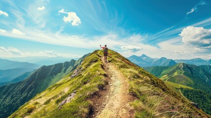 A hiker walks along a sunlit mountain ridge at sunset, surrounded by rolling hills and warm, golden hues. The image symbolizes peace and reflection.