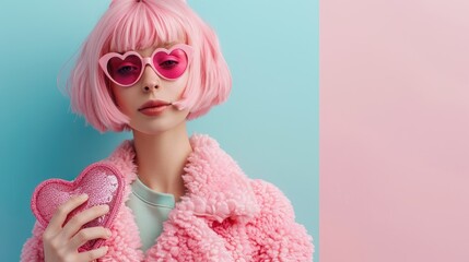 Stylish woman with pink bob haircut and heart-shaped glasses holding a pink lollipop. Valentine's Day and fashion concept.