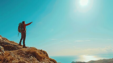 A lone hiker with an orange backpack walks along a high-altitude trail under a vibrant blue sky with wispy clouds, showcasing freedom and exploration.