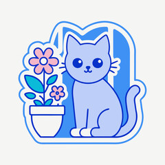 Cartoon a cute cat sitting by the window surrounded with flowers in a pot, on a white background