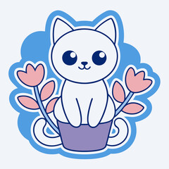 Cartoon a cute cat sitting by the window surrounded with flowers in a pot, on a white background