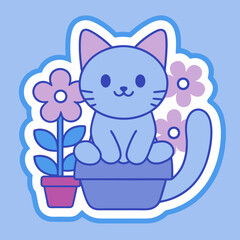 Cartoon a cute cat sitting by the window surrounded with flowers in a pot, on a white background