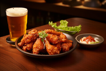 Korean fried chicken platter round plate and one beer glass with dipping sauce and vegetables on the side on wooden table and blur background studio lighting