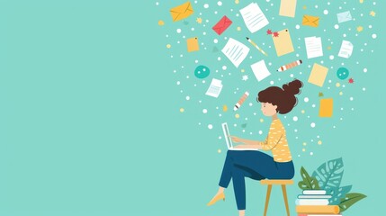 Illustration of a woman working on a laptop, surrounded by floating documents and stationery, representing a creative workspace.