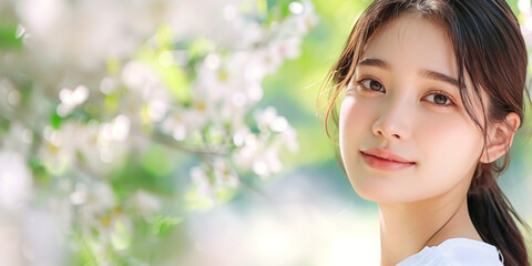 Fototapeta premium beauty skincare routine featuring an Asian young woman model, set against a soft focus background 