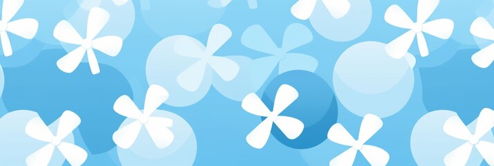 Fototapeta premium White flowers with five petals are scattered across a blue background with circles of varying sizes