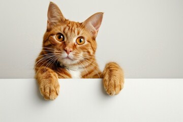 Cute ginger cat is peeking out from behind a white banner on a white background