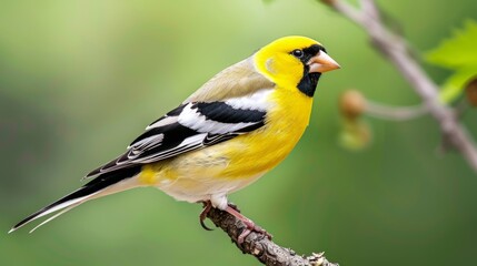 Fototapeta premium American Goldfinch Spinus tristis North American Backyard Bird. It is known for its vibrant yellow summer plumage. Isolated on green nature background.