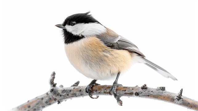 Black-capped Chickadee isolated on white background perched on branch in winter
