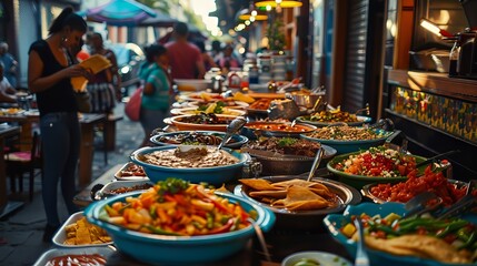 Fototapeta premium Blurred background of a busy food market with a variety of delicious dishes on display