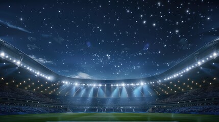 A majestic football stadium at night, lit by a constellation of small white lights that mimic the night sky, providing a surreal and enchanting game environment.