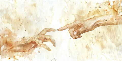 Hands reach out to with fingers pointing in different directions. Minimalist watercolor painting of biblical scene Creation of Adam on beige background with small paint splatters. Dreamy atmosphere.