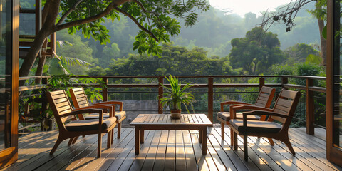 Obraz premium a beautiful terrace adorned with elegant wood furniture, including a sturdy wood table 