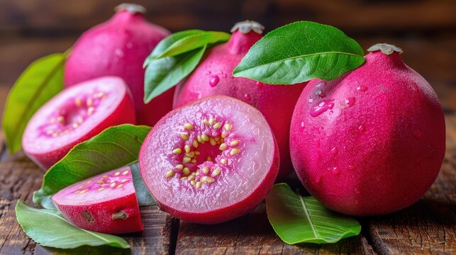 Fresh red guava fruits with green leaves on wooden background, half sliced to reveal juicy insides, perfect for a healthy diet concept.
