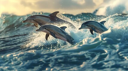 Playful dolphins jumping over breaking waves in Hawaii