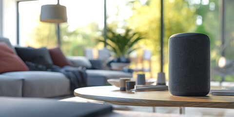 a close-up view of a sleek, modern home smart voice device, seamlessly blending into a contemporary home setting