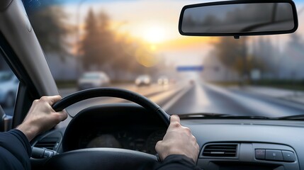 Fototapeta premium First-person perspective of driving car during sunrise, warm glare on dashboard
